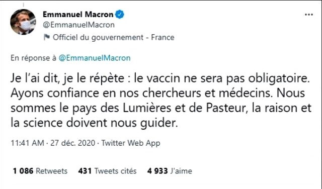 Tweet Emmanuel Macron Vaccin Non Obligatoire